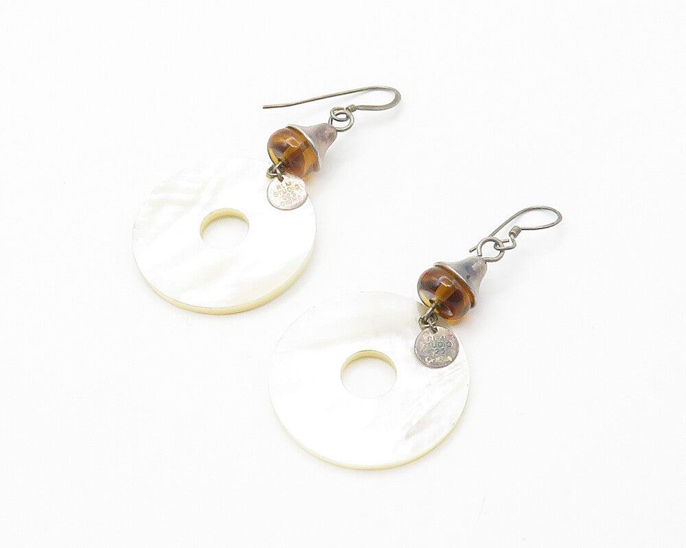 RLM STUDIO 925 Silver  Vintage Mother Of Pearl & Amber Drop Earrings  EG7237