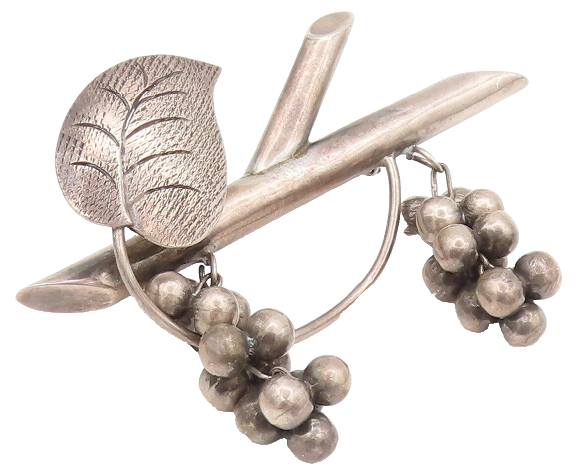 TAXCO 925 Sterling Silver  Vintage Dangling Grapes Creeper Brooch Pin BP10411