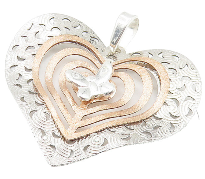 925 Sterling Silver  Shiny Two Tone Butterfly Love Heart Drop Pendant  PT8688