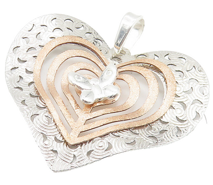 925 Sterling Silver  Shiny Two Tone Butterfly Love Heart Drop Pendant  PT8688