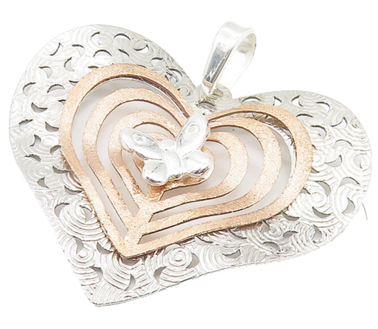 925 Sterling Silver  Shiny Two Tone Butterfly Love Heart Drop Pendant  PT8688