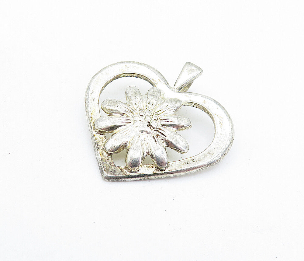 925 Sterling Silver  Vintage Shiny Sunflower Open Love Heart Pendant  PT4672