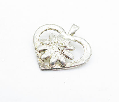 925 Sterling Silver  Vintage Shiny Sunflower Open Love Heart Pendant  PT4672
