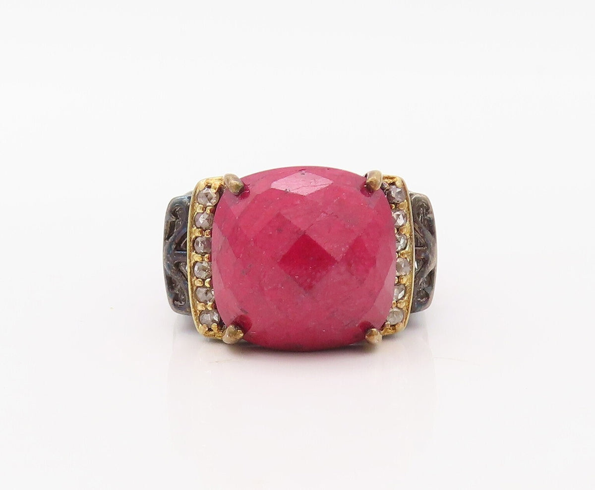 925 Sterling Silver Vintage Ring Diamonds & Gemstone Cutout Band  Sz 7  RG30792