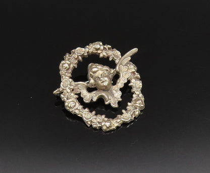 925 Silver  Vintage Antique Baby Angel Cutout Flower Wreath Brooch Pin  BP9899
