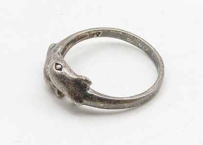 925 Sterling Silver  Vintage Dark Tone Dolphin Motif Bypass Ring Sz 6  RG10514