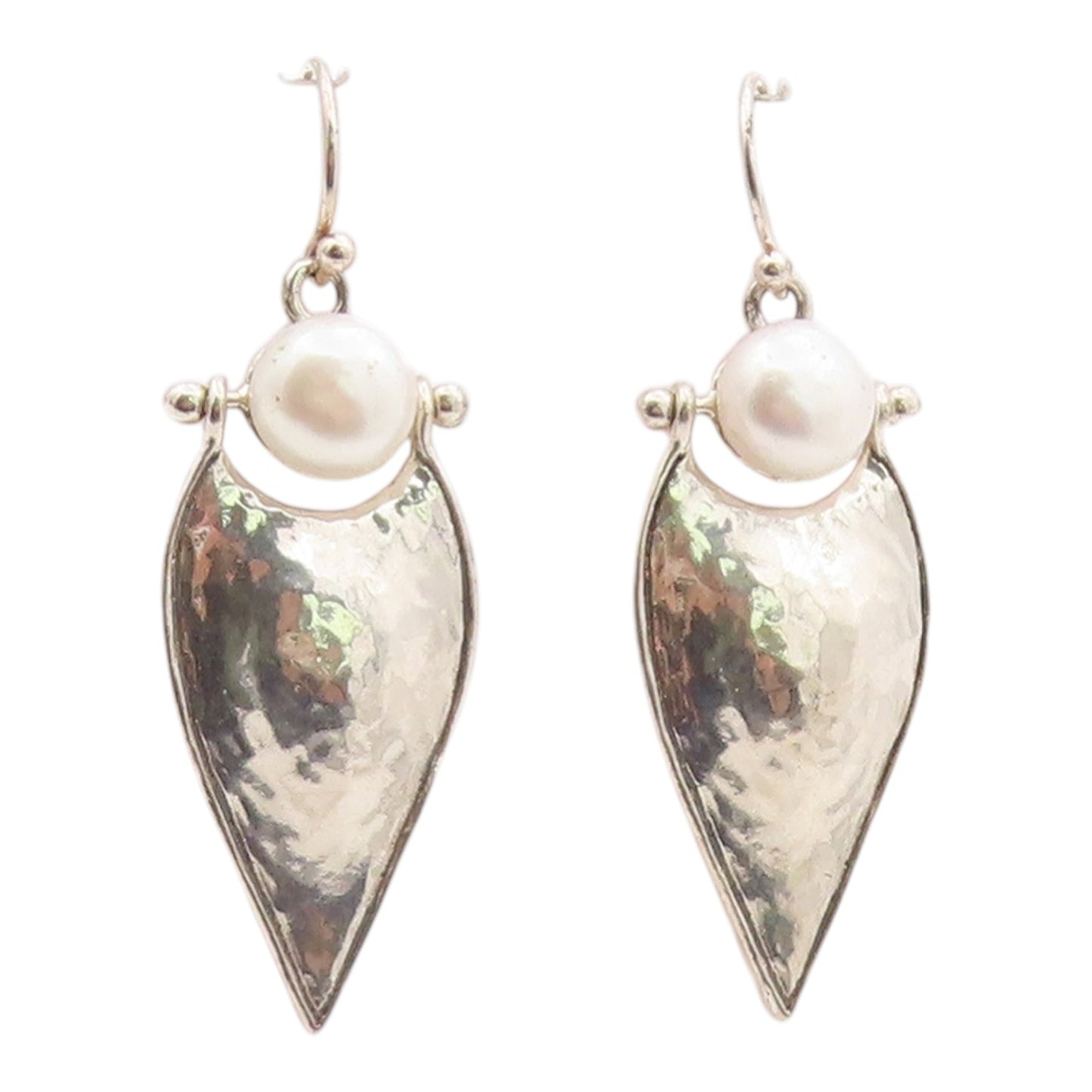 925 Sterling Silver Vintage Earrings ISRAEL Pearl Hammered Teardrop Hook EG14382