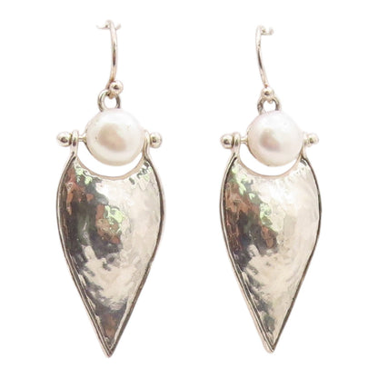 925 Sterling Silver Vintage Earrings ISRAEL Pearl Hammered Teardrop Hook EG14382