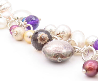 925 Sterling Silver Vintage Bracelet Designer Pearls Amethyst Gemstones  BT11155