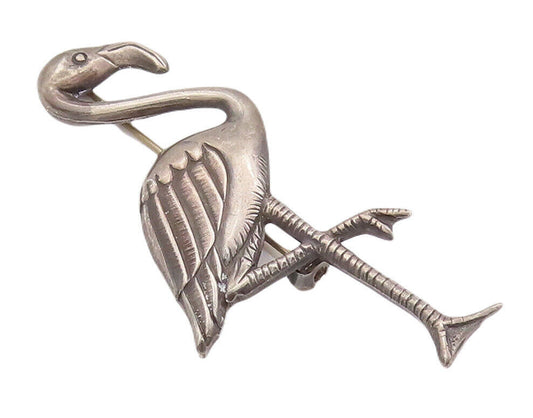 925 Sterling Silver Vintage Brooch Pin 3D Solid Carved Egret Bird  BP10835