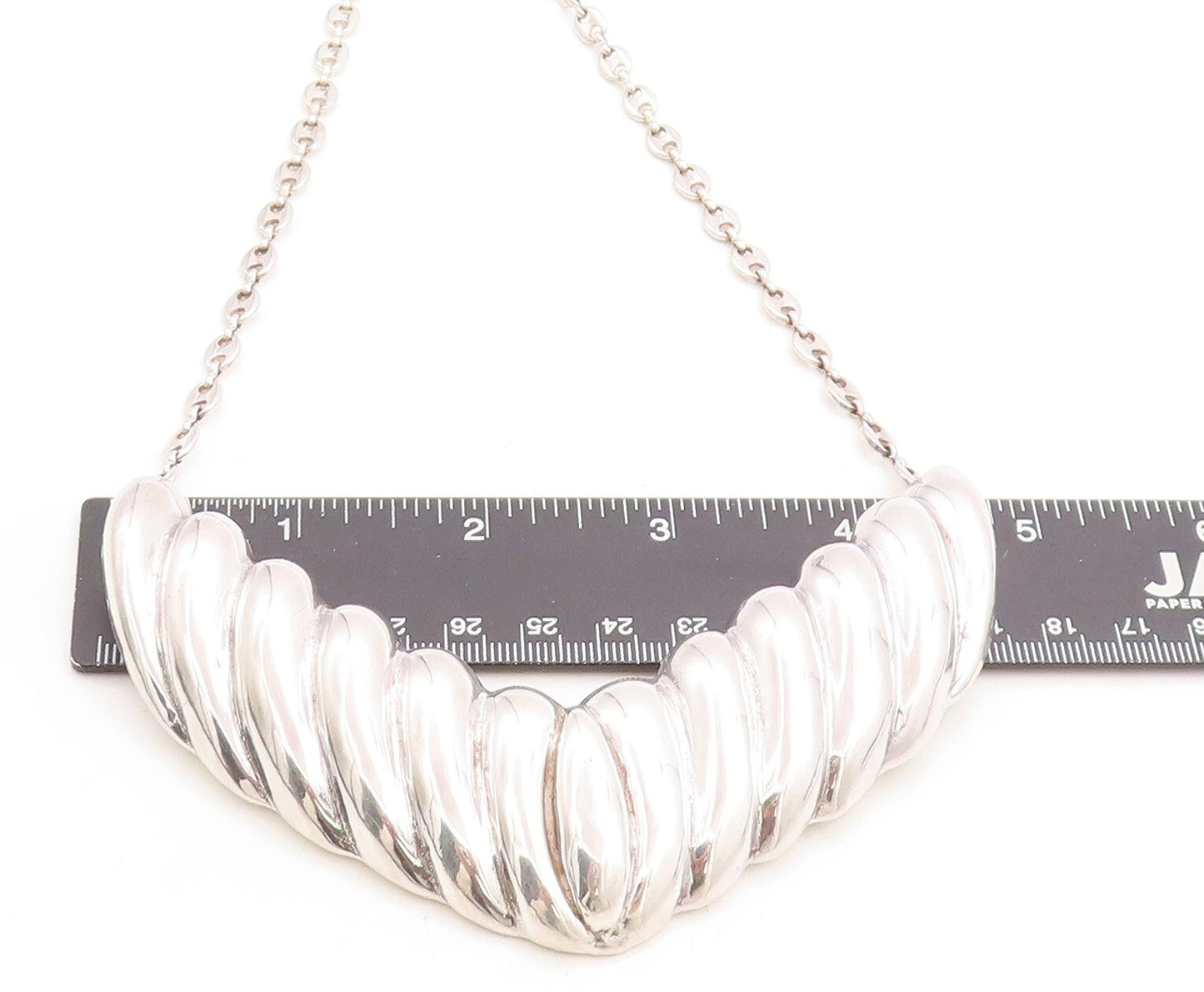ISRAEL 925 Silver  Vintage Shiny Hollow Fluted V Shape Chain Necklace  NE1751