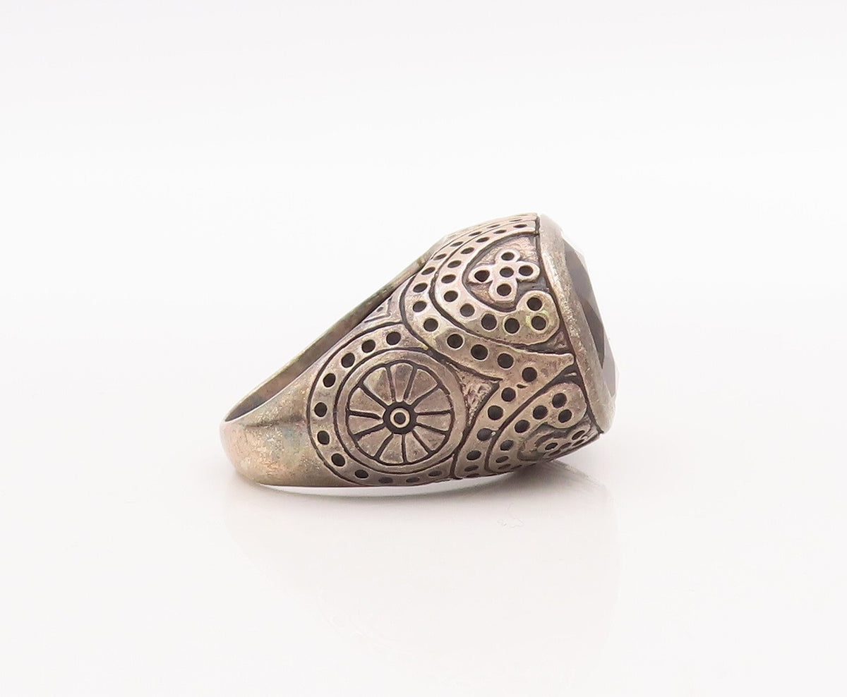 925 Sterling Silver Vintage Ring Beaded Carved Oval Smoky Quartz  Sz 8  RG29198