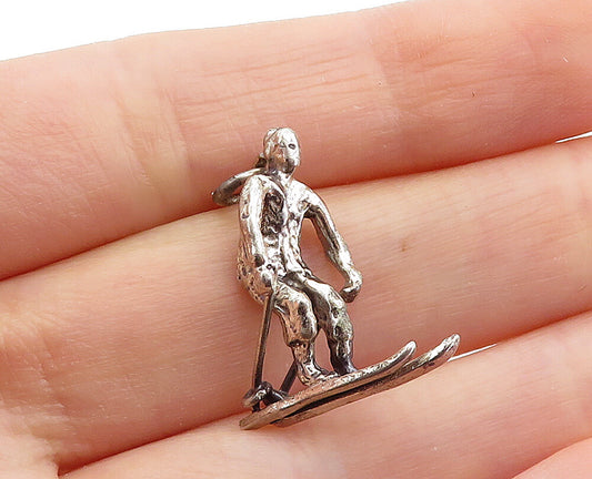 925 Sterling Silver  Vintage Dark Tone Sculpted Skiing Man Pendant  PT4798