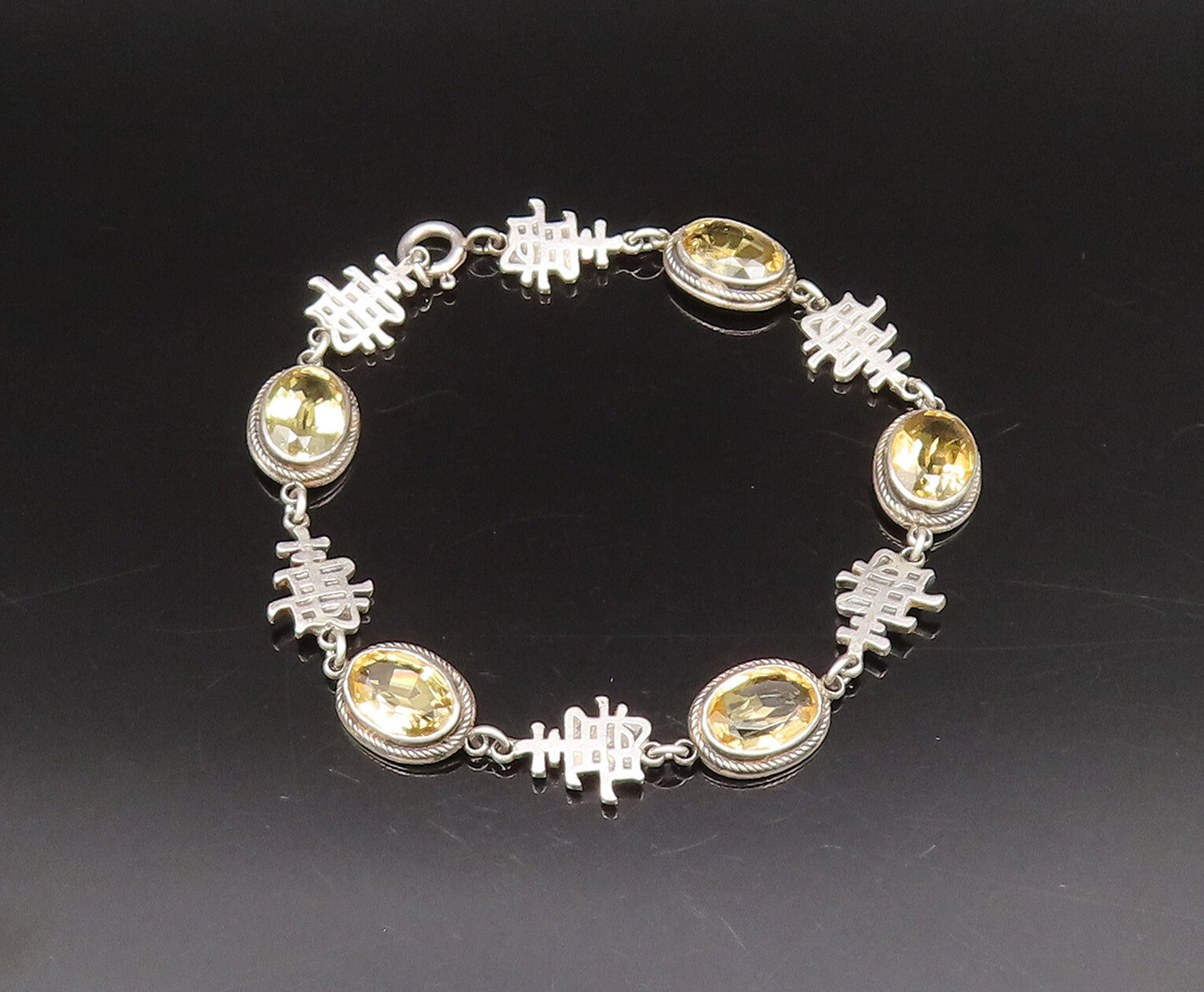 925 Silver  Vintage Oval Citrine & Chinese Character Chain Bracelet  BT9762