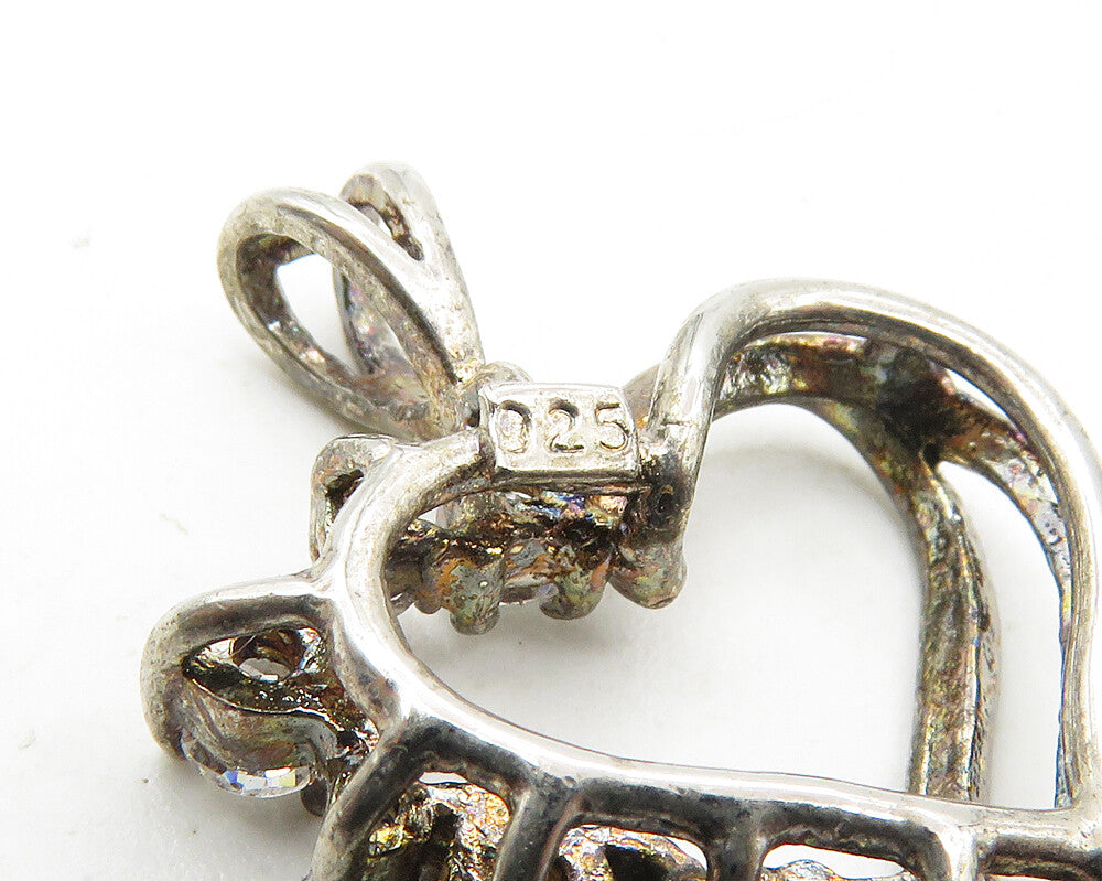 925 Sterling Silver  Vintage Sparkling Topaz Open Love Heart Pendant  PT7204