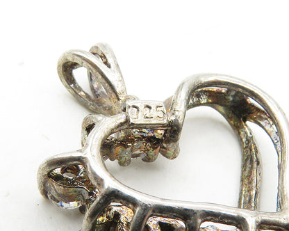 925 Sterling Silver  Vintage Sparkling Topaz Open Love Heart Pendant  PT7204