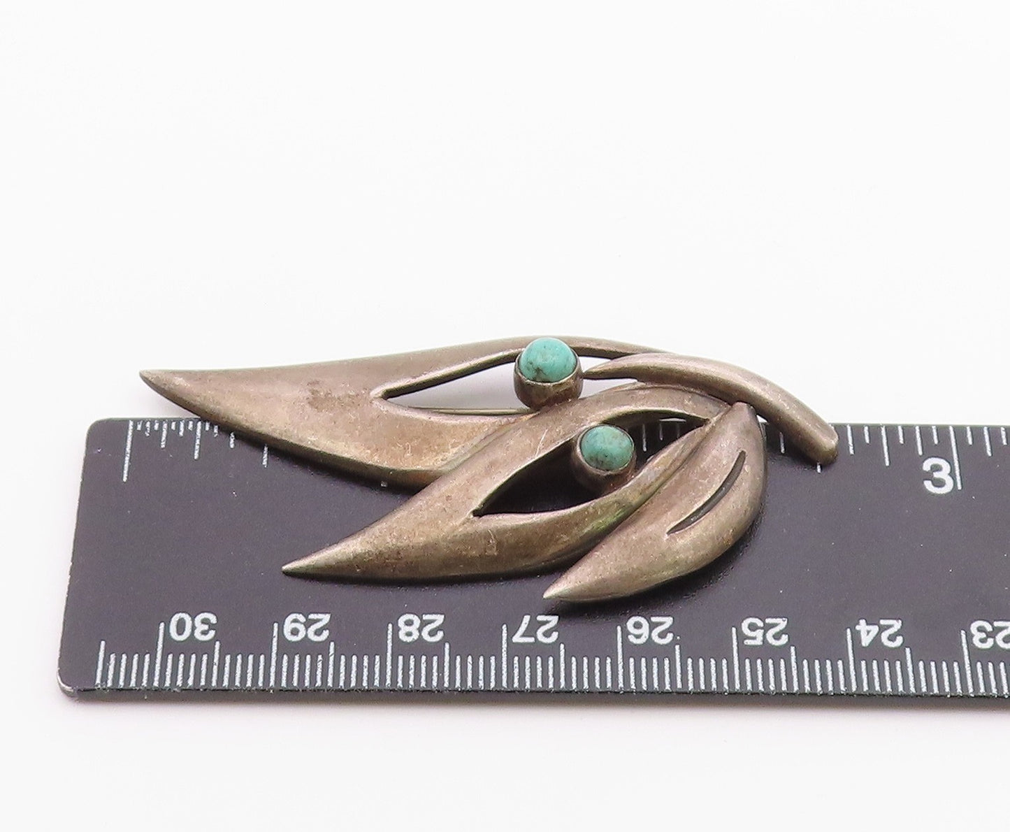 MEXICO 925 Silver  Vintage Tri Cutout Leaf Beaded Turquoise Brooch Pin BP10398