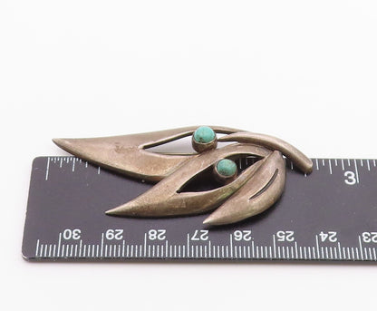 MEXICO 925 Silver  Vintage Tri Cutout Leaf Beaded Turquoise Brooch Pin BP10398