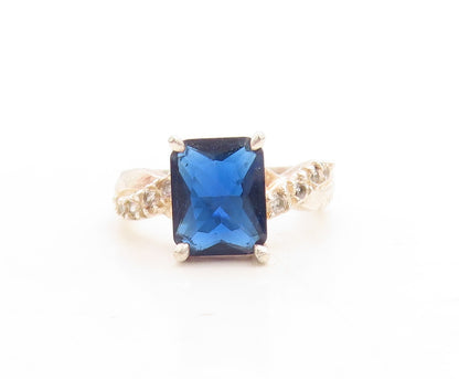 925 Sterling Silver Vintage Ring Rectangle Sapphire Twisted CZ  Sz 7.5  RG31192