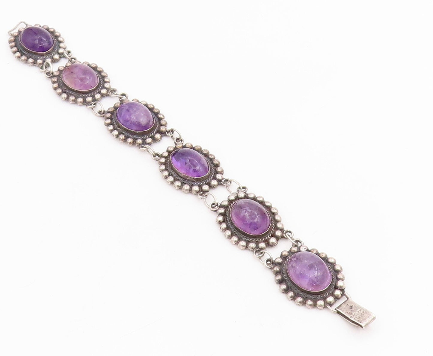 925 Sterling Silver Vintage Bracelet Cabochon Amethyst Beaded Link  BT11845