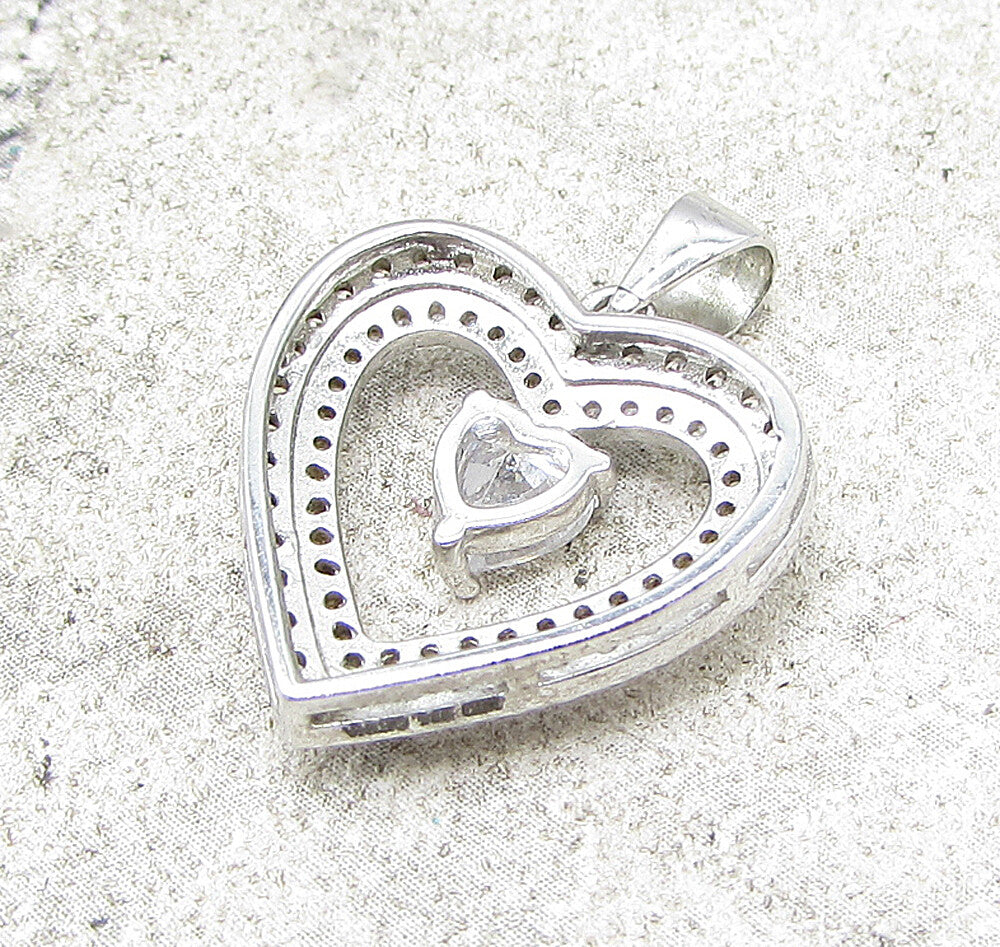 925 Sterling Silver  White Topaz & Cubic Zirconia Love Heart Pendant  PT1114