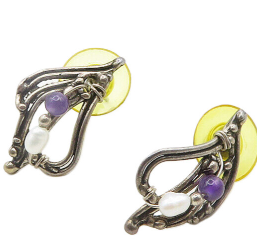 925 Sterling Silver  Vintage Petite Pearl & Amethyst Drop Earrings  EG9583
