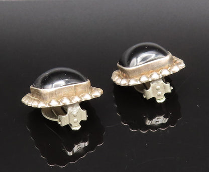MEXICO 925 Silver  Vintage Beaded Edge Black Onyx Clip Back Earrings  EG12296