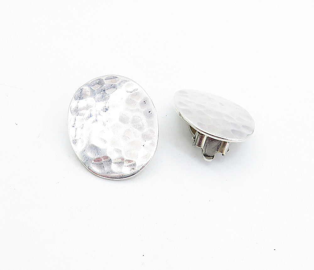 925 Sterling Silver  Vintage Shiny Hammered Oval Non Pierce Earrings  EG2840