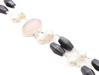925 Sterling Silver  Rose Quartz & Freshwater Pearls Chain Bracelet  BT1164