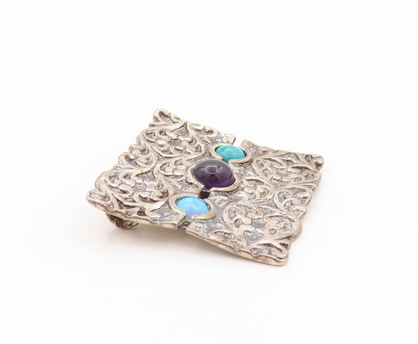 925 Sterling Silver Vintage Pendant SHABLOOL Gemstone Inlay Swirly Cut   PT24090