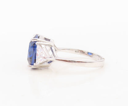 925 Sterling Silver Vintage Ring Rose Square Sapphire & Triangle CZ Sz 7 RG30344