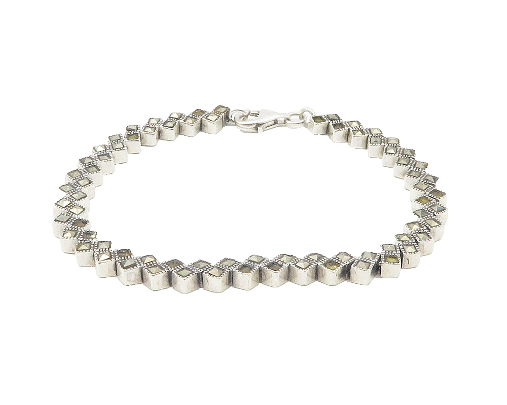 925 Sterling Silver Sparkling Marcasite Square Chain Bracelet BT4742