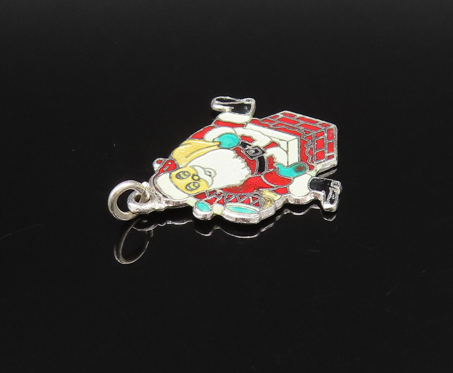 925 Sterling Silver  Vintage Enamel Santa Claus On Chimney Pendant  PT21688