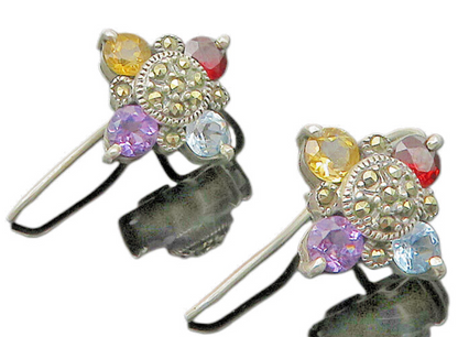 925 Sterling Silver Vintage Amethyst Citrine & Multi Stone Drop Earrings EG11142