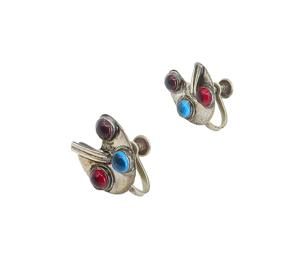 MEXICO 925 Silver  Vintage Pink & Blue Topaz Non Pierce Screw Earrings  EG2929