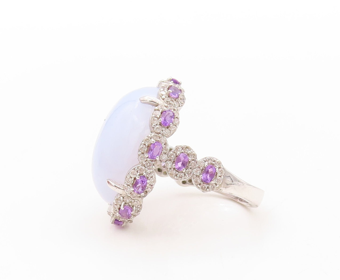 925 Sterling Silver Vintage Ring Gemstone Amethyst & CZ Flowers  Sz 8.5  RG30672