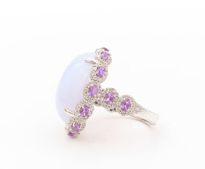925 Sterling Silver Vintage Ring Gemstone Amethyst & CZ Flowers  Sz 8.5  RG30672