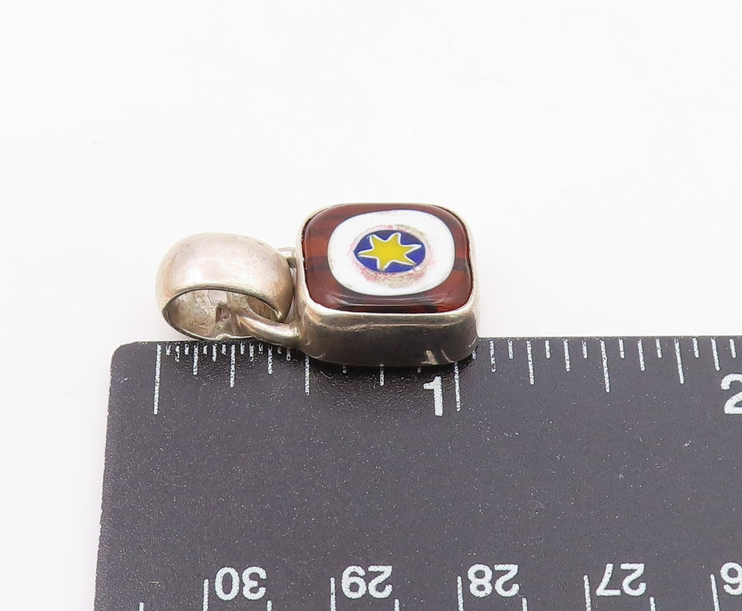 925 Sterling Silver  Vintage Enamel Art Wok On Square Amber Pendant  PT21306