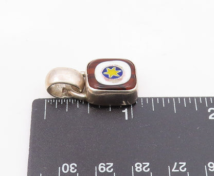 925 Sterling Silver  Vintage Enamel Art Wok On Square Amber Pendant  PT21306