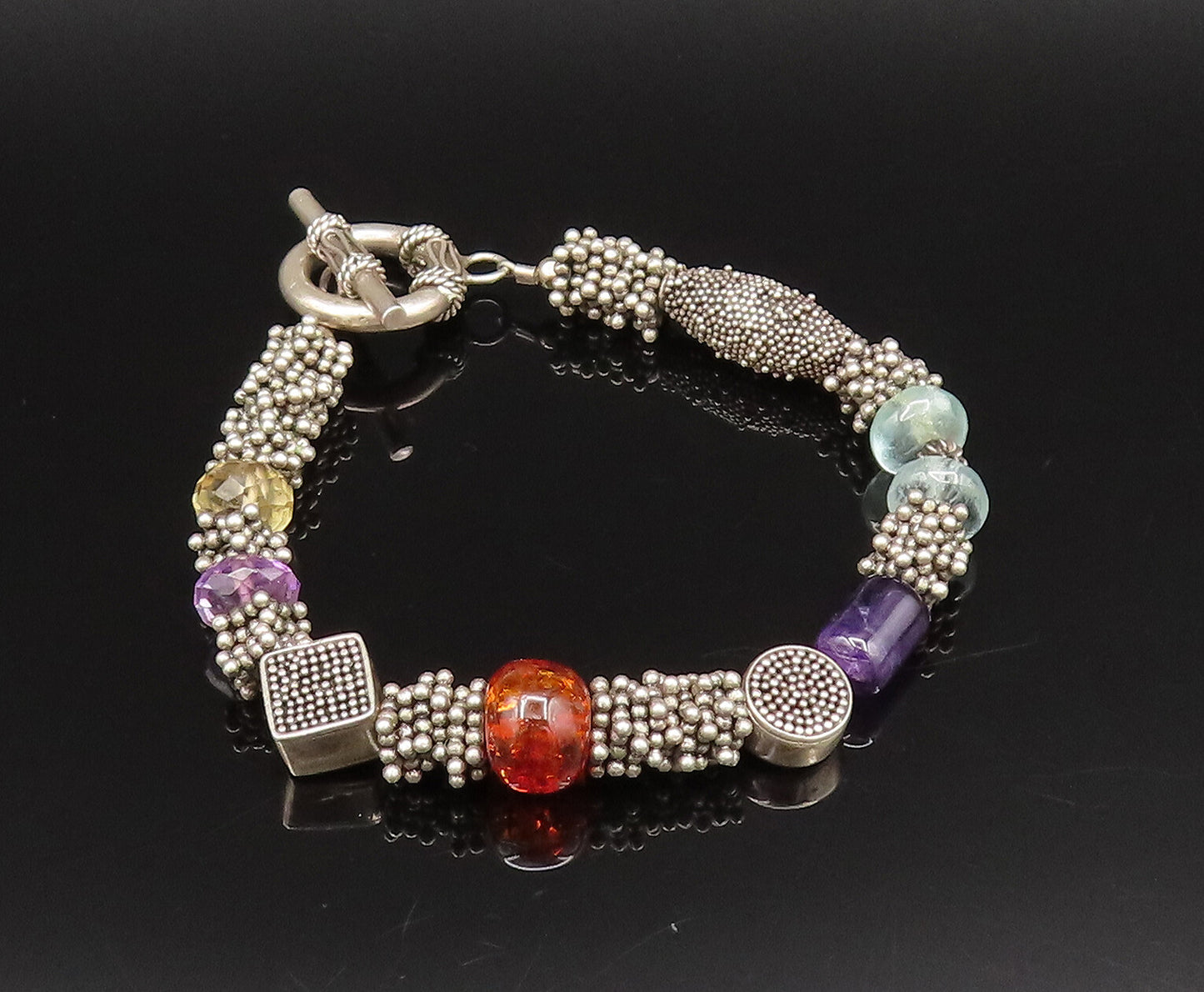 925 Silver  Vintage Beaded Cluster Amber Amethyst & Quartz Bracelet  BT9671