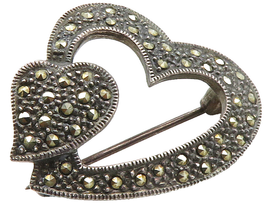 925 Sterling Silver  Vintage Marcasite Open Love Heart Brooch Pin  BP5911