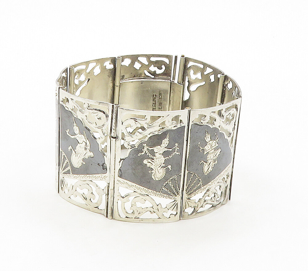 SIAM 925 Sterling Silver  Vintage Enamel Dancer Panel Chain Bracelet  BT6150