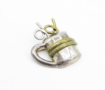 MEXICO 925 Sterling Silver  Vintage Two Tone Cup With Straws Brooch Pin BP2378