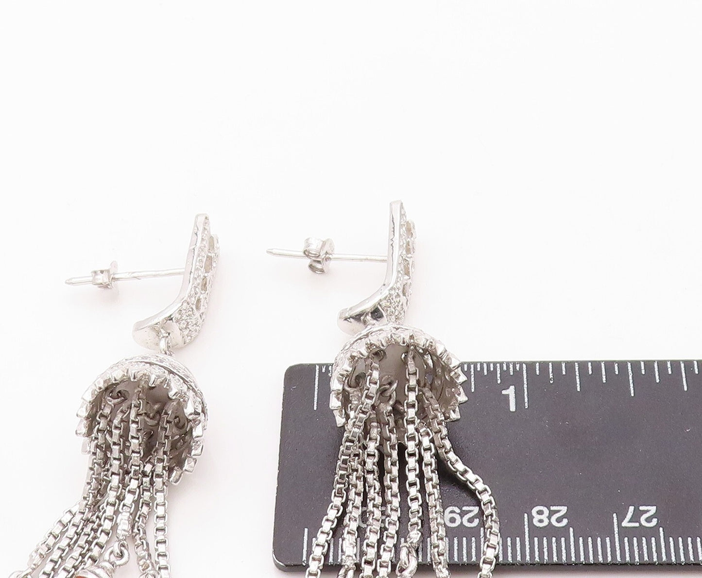 925 Sterling Silver Vintage Earrings CZ & Dangling Gemstone Tassel Cut  EG13454