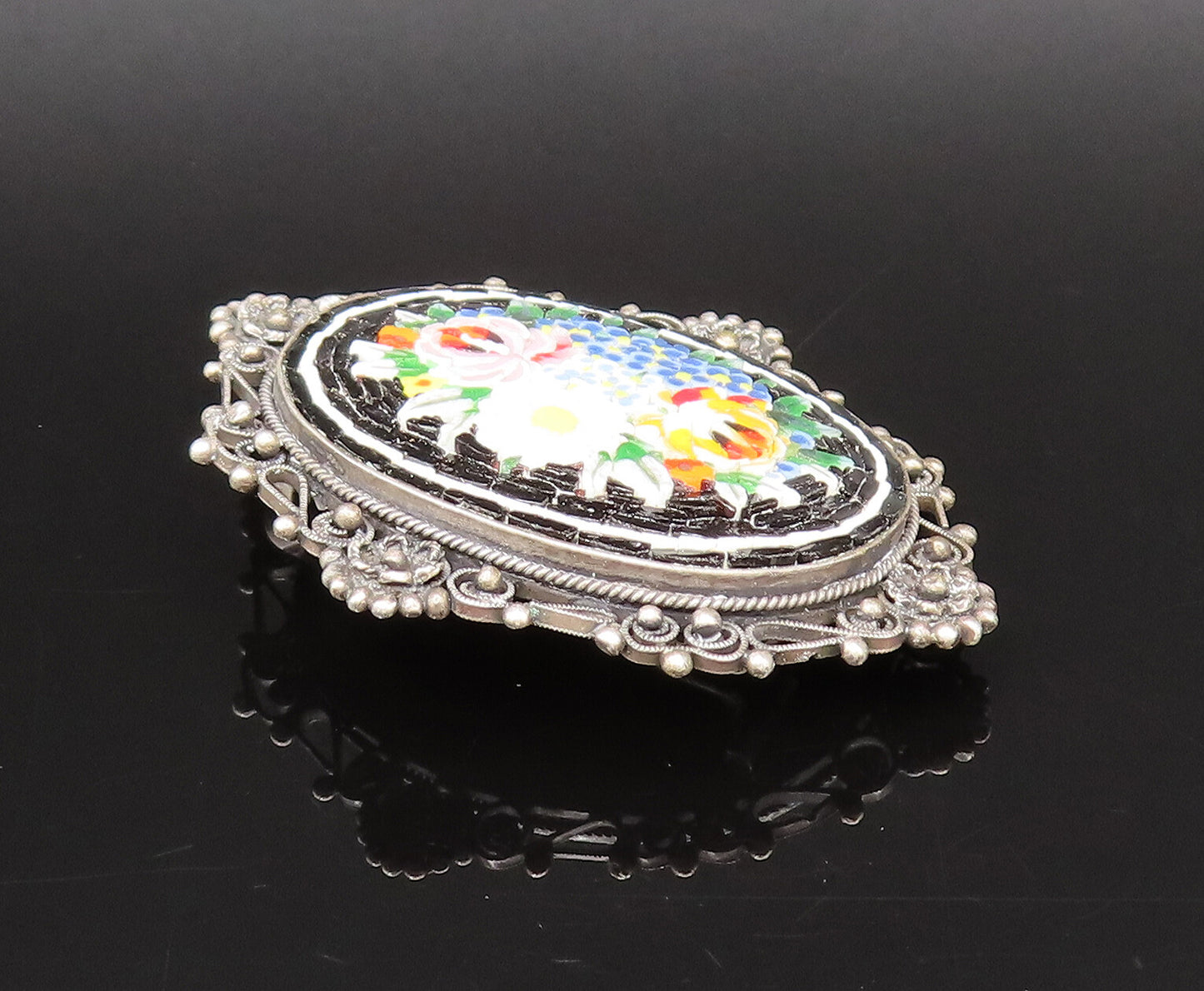 925 Sterling Silver Vintage Floral Enamel Art Beaded Border Brooch Pin BP10053