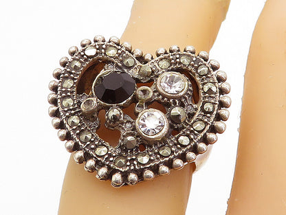 925 Silver  Vintage Hematite & Cubic Zirconia Cocktail Ring Sz 5.5  RG7729