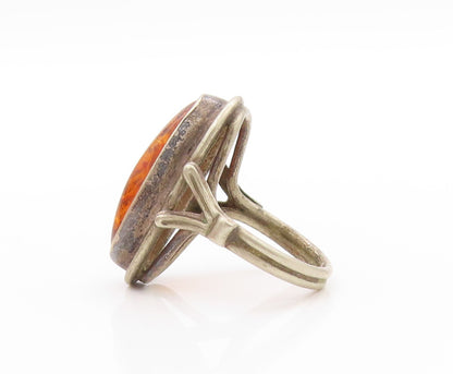 925 Sterling Silver Vintage Ring POLAND Large Oval Honey Amber  Sz 6  RG32821