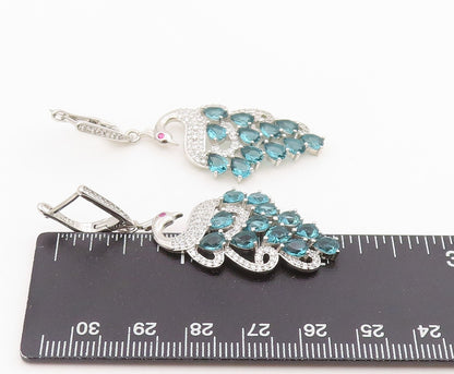 925 Sterling Silver Vintage Earrings Blue Topaz & CZ Peacock Dangles  EG13846