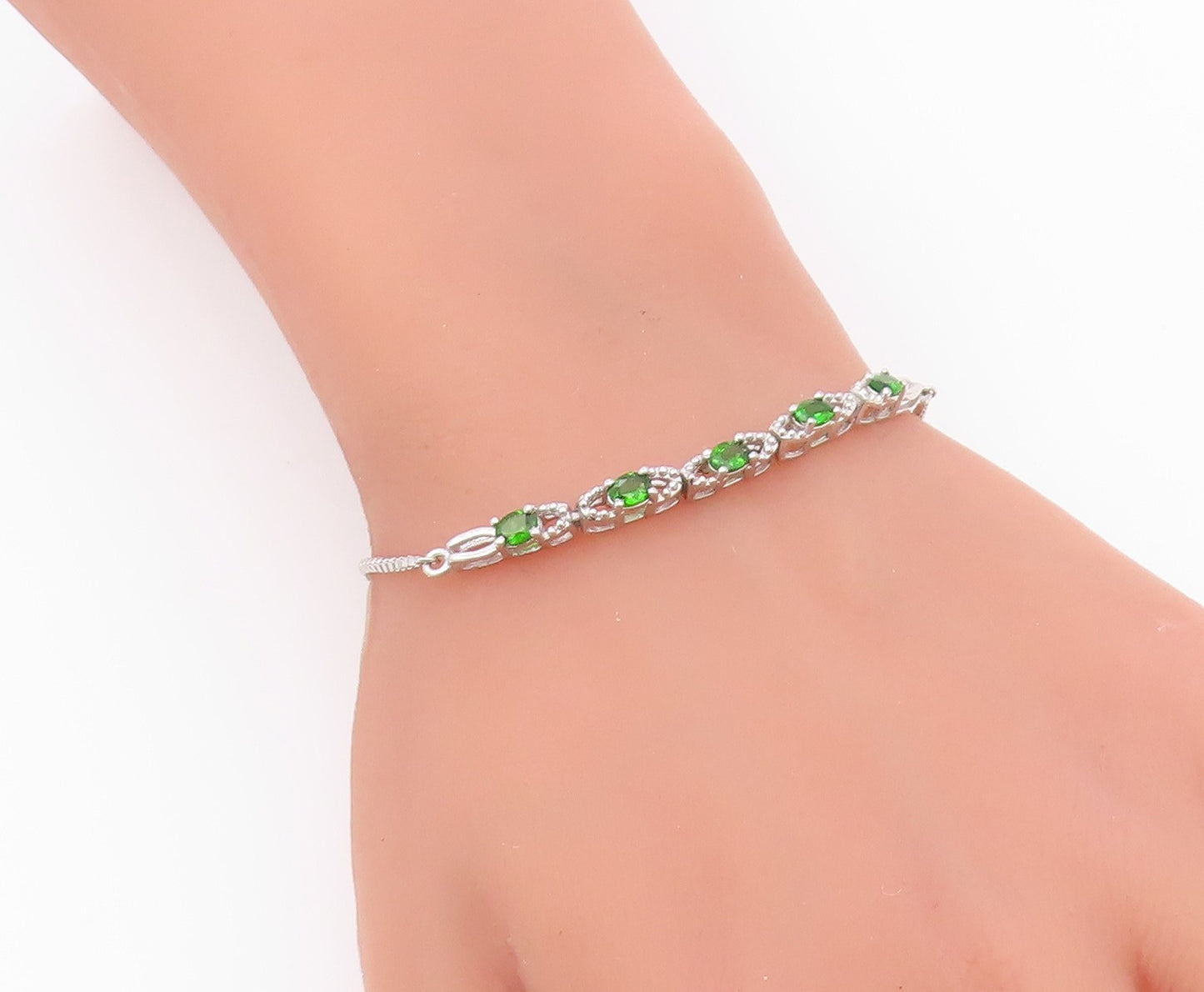 925 Sterling Silver  Vintage Prong Set Peridot Shiny Chain Bracelet  BT8049