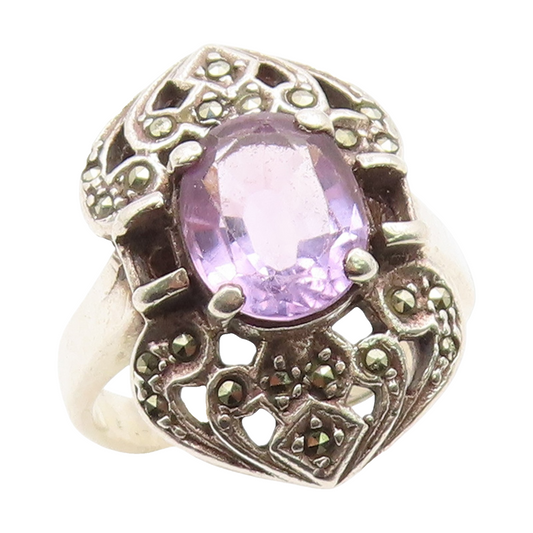 925 Sterling Silver Vintage Ring Oval Cut Amethyst & Marcasite  Sz 7.5  RG35143